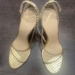 Brian Atwood gold sandal strappy snakeskin heel 8.5